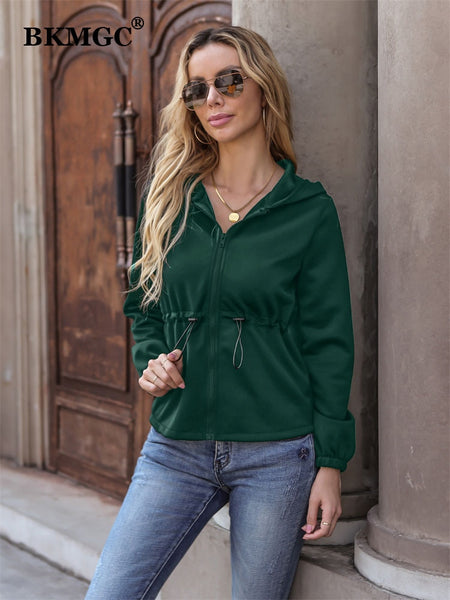 BKMGC Jacket Hoodie Zipper Women Solid Color Casual Zip Waist Lantern Sleeve Green Hooded Coat Korean Hoodie Jacket Women 2009