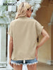 BKMGC Khaki Tops Grandad Collar Button Up Short Sleeve Minimalism Casual Office Ladied Style Blouses Shirt for Female Women 2655