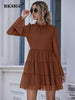 BKMGC Korean Blue Brown Mesh Dots Chiffon High Collar Long Flounce Sleeve Women 2023 Summer Mini Dress Office Chic 5627
