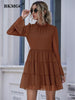 BKMGC Korean Blue Brown Mesh Dots Chiffon High Collar Long Flounce Sleeve Women 2023 Summer Mini Dress Office Chic 5627
