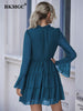 BKMGC Korean Blue Brown Mesh Dots Chiffon High Collar Long Flounce Sleeve Women 2023 Summer Mini Dress Office Chic 5627