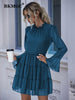 BKMGC Korean Blue Brown Mesh Dots Chiffon High Collar Long Flounce Sleeve Women 2023 Summer Mini Dress Office Chic 5627