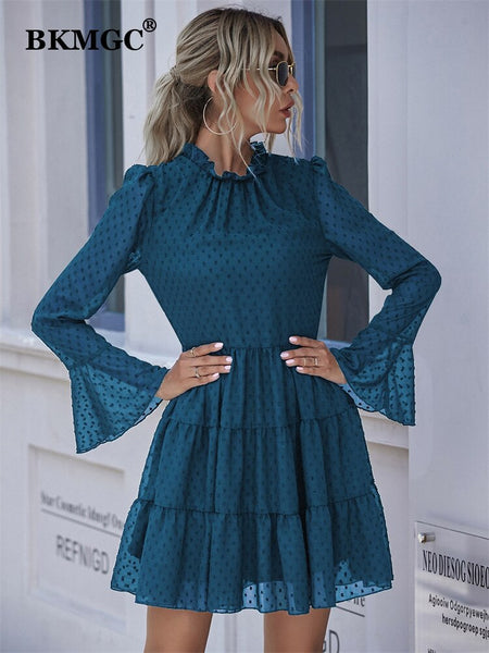 BKMGC Korean Blue Brown Mesh Dots Chiffon High Collar Long Flounce Sleeve Women 2023 Summer Mini Dress Office Chic 5627