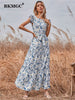 BKMGC Long Maxi Dresses For Women Casual Sleeveless Belt Elastic Ruffle Floral Printed Summer #6293