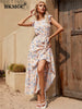 BKMGC Long Maxi Dresses For Women Casual Sleeveless Belt Elastic Ruffle Floral Printed Summer #6293