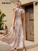 BKMGC Long Maxi Dresses For Women Casual Sleeveless Belt Elastic Ruffle Floral Printed Summer #6293