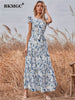 BKMGC Long Maxi Dresses For Women Casual Sleeveless Belt Elastic Ruffle Floral Printed Summer #6293