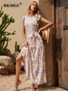 BKMGC Long Maxi Dresses For Women Casual Sleeveless Belt Elastic Ruffle Floral Printed Summer #6293