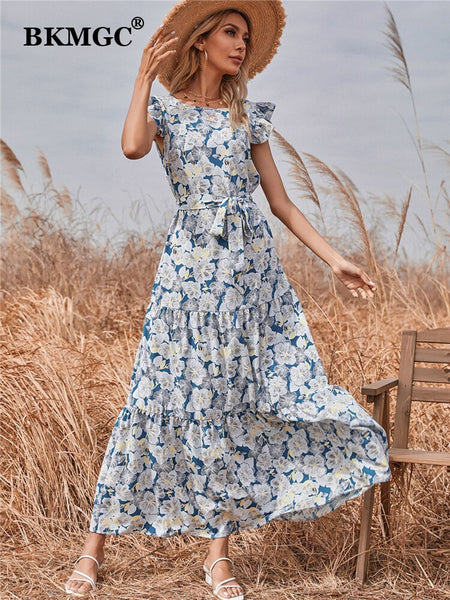 BKMGC Long Maxi Dresses For Women Casual Sleeveless Belt Elastic Ruffle Floral Printed Summer #6293
