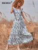 BKMGC Long Maxi Dresses For Women Casual Sleeveless Belt Elastic Ruffle Floral Printed Summer #6293
