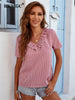 BKMGC Pink Blouse Woman Short Sleeve Rullfe V-neck White Vertical Stripes Casual Lace 2023 Casual Tops Loose Fit Shirts 6770