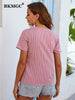 BKMGC Pink Blouse Woman Short Sleeve Rullfe V-neck White Vertical Stripes Casual Lace 2023 Casual Tops Loose Fit Shirts 6770