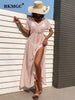 BKMGC Pink V-neck Loose Short Sleeve High Split Slightly Transparent Chiffon Long Skirt Beach Swimsuit Cover Ups Dress 2826