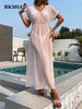 BKMGC Pink V-neck Loose Short Sleeve High Split Slightly Transparent Chiffon Long Skirt Beach Swimsuit Cover Ups Dress 2826