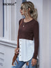 BKMGC Pink White Patchwork O-Neck Long Sleeve Loose Fit Pullover T Shirt For Women Autumn Top Casual Office Lady Clothing #5593