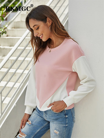 BKMGC Pink White Patchwork O-Neck Long Sleeve Loose Fit Pullover T Shirt For Women Autumn Top Casual Office Lady Clothing #5593