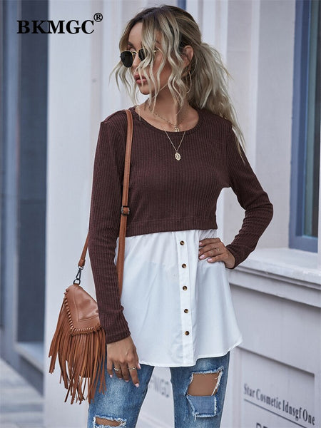 BKMGC Pink White Patchwork O-Neck Long Sleeve Loose Fit Pullover T Shirt For Women Autumn Top Casual Office Lady Clothing #5593