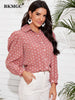 BKMGC Pink With White Dots Print Tops Button Up Turn Down Neck Slim Fit Long Puff Sleeves Shirt  Blouse For Women 2023 Autumn