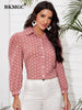 BKMGC Pink With White Dots Print Tops Button Up Turn Down Neck Slim Fit Long Puff Sleeves Shirt  Blouse For Women 2023 Autumn