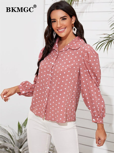 BKMGC Pink With White Dots Print Tops Button Up Turn Down Neck Slim Fit Long Puff Sleeves Shirt  Blouse For Women 2023 Autumn