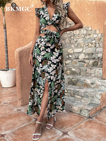 BKMGC Plant Floral Printed Flutter Sleeve Wrap-over Top & Split Long Maxi Skirt Suite Summer Sexy Two Pieces Set For Women 2801