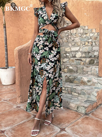 BKMGC Plant Floral Printed Flutter Sleeve Wrap-over Top & Split Long Maxi Skirt Suite Summer Sexy Two Pieces Set For Women 2801