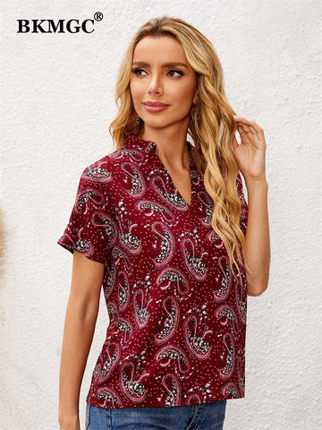 BKMGC Printed Vintage T-shirt Women Loose Casual Short Sleeve Commuter Pullover T shirt Top Green Tops Women 2023 Summer 6729