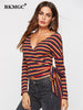 BKMGC Red Black Yellow Strips Cotton Short T Shirt Side Lace Up Tie Knot V Neck Pullover Autumn Tops For Women Daily Streewear