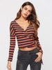 BKMGC Red Black Yellow Strips Cotton Short T Shirt Side Lace Up Tie Knot V Neck Pullover Autumn Tops For Women Daily Streewear