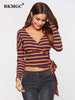 BKMGC Red Black Yellow Strips Cotton Short T Shirt Side Lace Up Tie Knot V Neck Pullover Autumn Tops For Women Daily Streewear