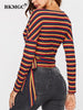BKMGC Red Black Yellow Strips Cotton Short T Shirt Side Lace Up Tie Knot V Neck Pullover Autumn Tops For Women Daily Streewear