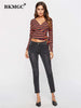 BKMGC Red Black Yellow Strips Cotton Short T Shirt Side Lace Up Tie Knot V Neck Pullover Autumn Tops For Women Daily Streewear