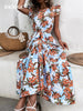 BKMGC Ruffle Butterfly Sleeve Floral Print O-Neck Belted Waist Summer Autumn Women Long Maxi Dresses Boho Bohemian Casual Cloth