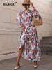 BKMGC Ruffle Butterfly Sleeve Floral Print O-Neck Belted Waist Summer Autumn Women Long Maxi Dresses Boho Bohemian Casual Cloth