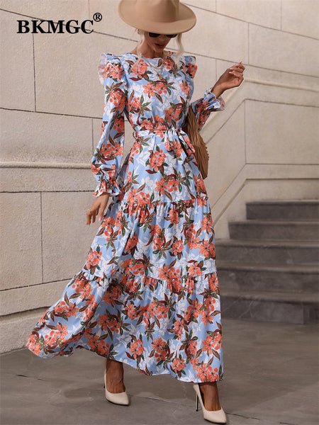 BKMGC Ruffle Butterfly Sleeve Floral Print O-Neck Belted Waist Summer Autumn Women Long Maxi Dresses Boho Bohemian Casual Cloth