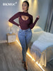 BKMGC Sexy Jumpsuit Clubwear Women Outfits Hollow Out Chest High Collar Bodycon Bottoming Solid Black Wine Red Pink Color