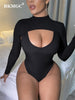 BKMGC Sexy Jumpsuit Clubwear Women Outfits Hollow Out Chest High Collar Bodycon Bottoming Solid Black Wine Red Pink Color