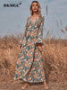 BKMGC Sexy Side Split Long Bell Sleeve V-neck Elegant Floral Flower Print Wrap-over Autumn Belt Waist Maxi Dress for Women 6322