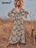 BKMGC Sexy Side Split Long Bell Sleeve V-neck Elegant Floral Flower Print Wrap-over Autumn Belt Waist Maxi Dress for Women 6322