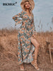 BKMGC Sexy Side Split Long Bell Sleeve V-neck Elegant Floral Flower Print Wrap-over Autumn Belt Waist Maxi Dress for Women 6322