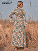 BKMGC Sexy Side Split Long Bell Sleeve V-neck Elegant Floral Flower Print Wrap-over Autumn Belt Waist Maxi Dress for Women 6322
