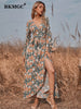 BKMGC Sexy Side Split Long Bell Sleeve V-neck Elegant Floral Flower Print Wrap-over Autumn Belt Waist Maxi Dress for Women 6322