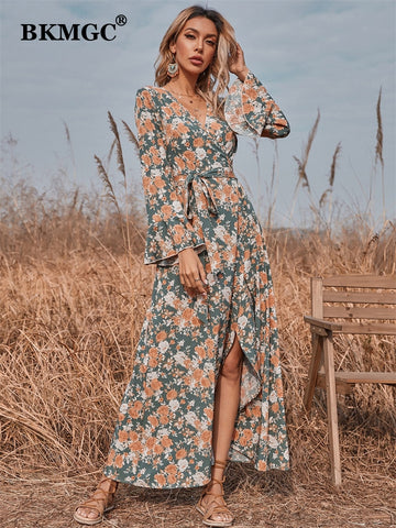 BKMGC Sexy Side Split Long Bell Sleeve V-neck Elegant Floral Flower Print Wrap-over Autumn Belt Waist Maxi Dress for Women 6322