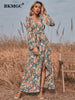 BKMGC Sexy Side Split Long Bell Sleeve V-neck Elegant Floral Flower Print Wrap-over Autumn Belt Waist Maxi Dress for Women 6322