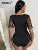 BKMGC Sexy Solid Black Square Neeck Jumpsuit Womens Mesh Short Lace Sleeves Dancing Clubwear Elastic Bodycon Summer Clothes 2023