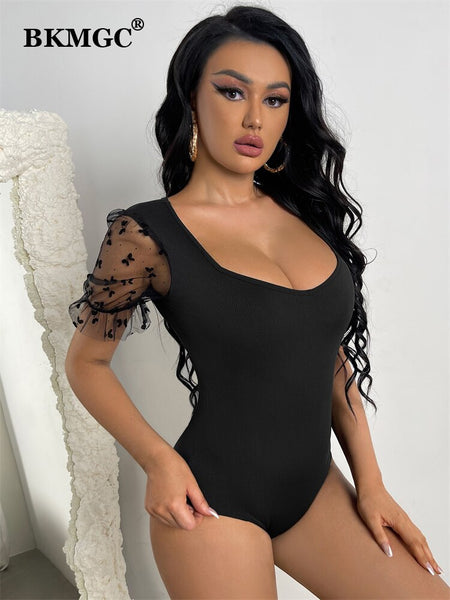 BKMGC Sexy Solid Black Square Neeck Jumpsuit Womens Mesh Short Lace Sleeves Dancing Clubwear Elastic Bodycon Summer Clothes 2023