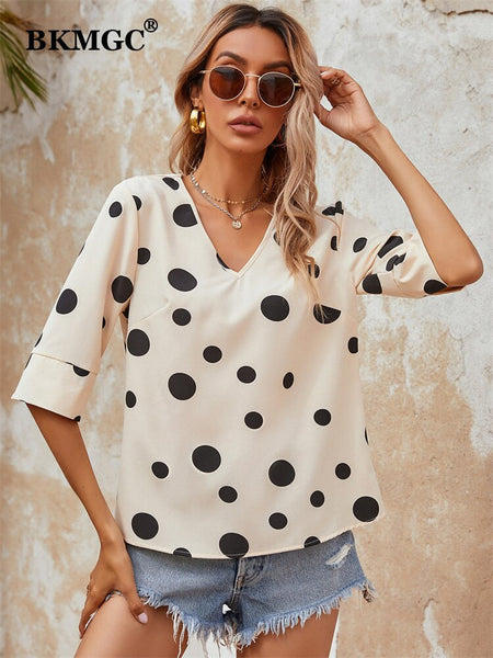 BKMGC Shirts For Women 2023 Summer Printed Wave Dot Casual  Female Top Women Clothing Tops and Blouse Loose Fit femininas 6276