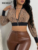 BKMGC Short Jacket Women Spring 2023 Sexy Lantern Sleeve Leopard Print Zipper Open Navel Autumn 2793