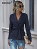 BKMGC Simple Black Champagne Elegant Casual Blazer Women Jacket Spring Autumn V-neck Tie Waist Suit Coat Office Lady Outfits
