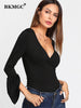 BKMGC Solid Black V Neck Petal Sleeves Sim Fit T Shirt For Women Autumn Wrap Over Design Top Office Lady Casual Sexy Clothing